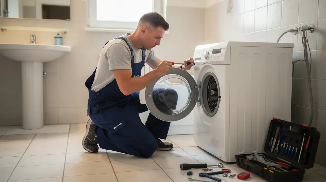 Na zdjęciu widoczny jest technik serwisowy, który naprawia pralkę w domowej łazience. W tle znajdują się różne akcesoria i części zamienne, co sugeruje, że serwis jest dobrze wyposażony w niezbędne komponenty do naprawy sprzętu AGD.
