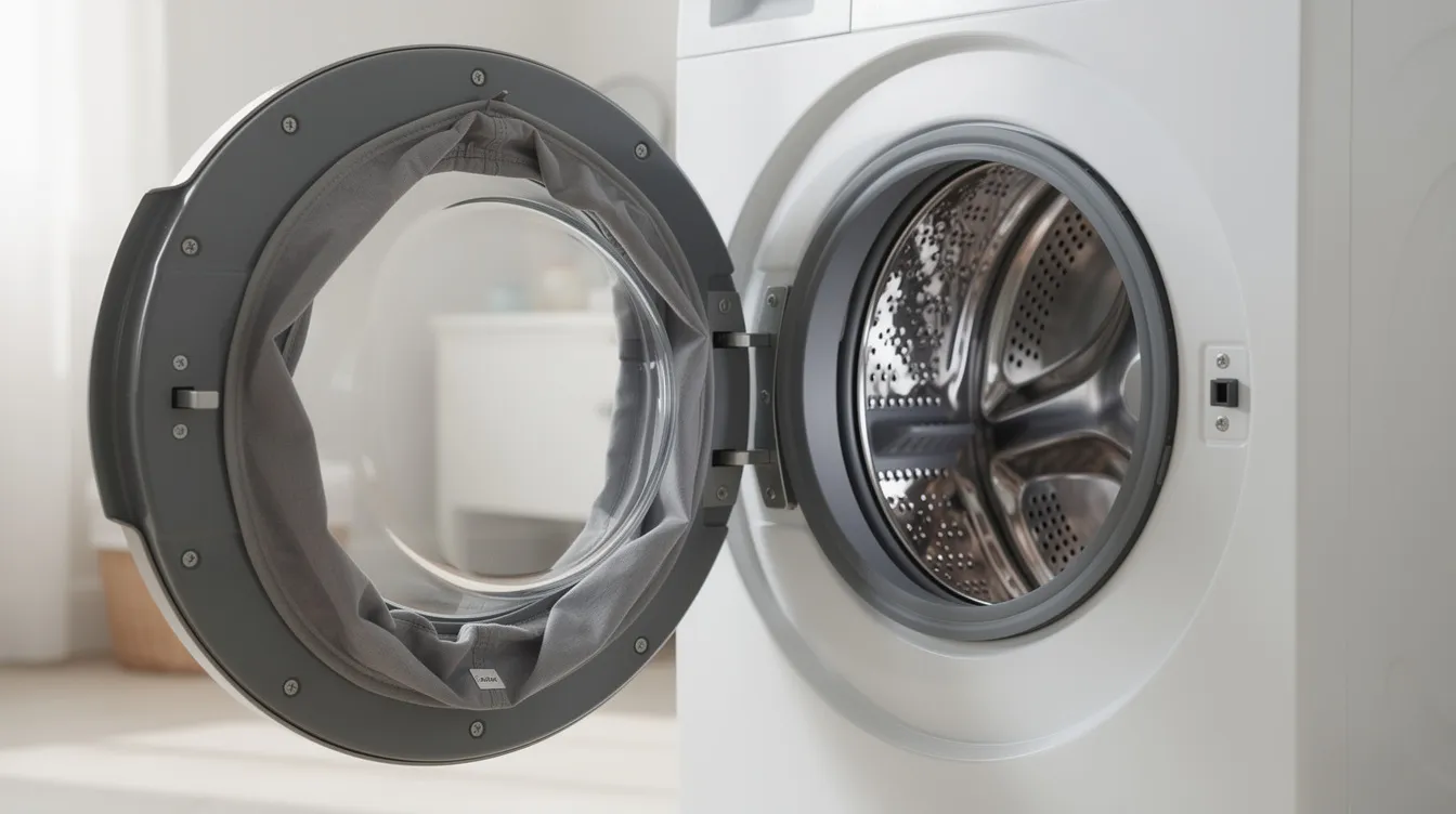 Na zdjęciu widać otwartą pralkę, w której wyraźnie widoczny jest bęben oraz uszczelka drzwi. To ilustracja sprzętu AGD, który może wymagać oryginalnych części zamiennych, takich jak uszczelki czy podzespoły, dostępnych w ofercie producenta Beko.