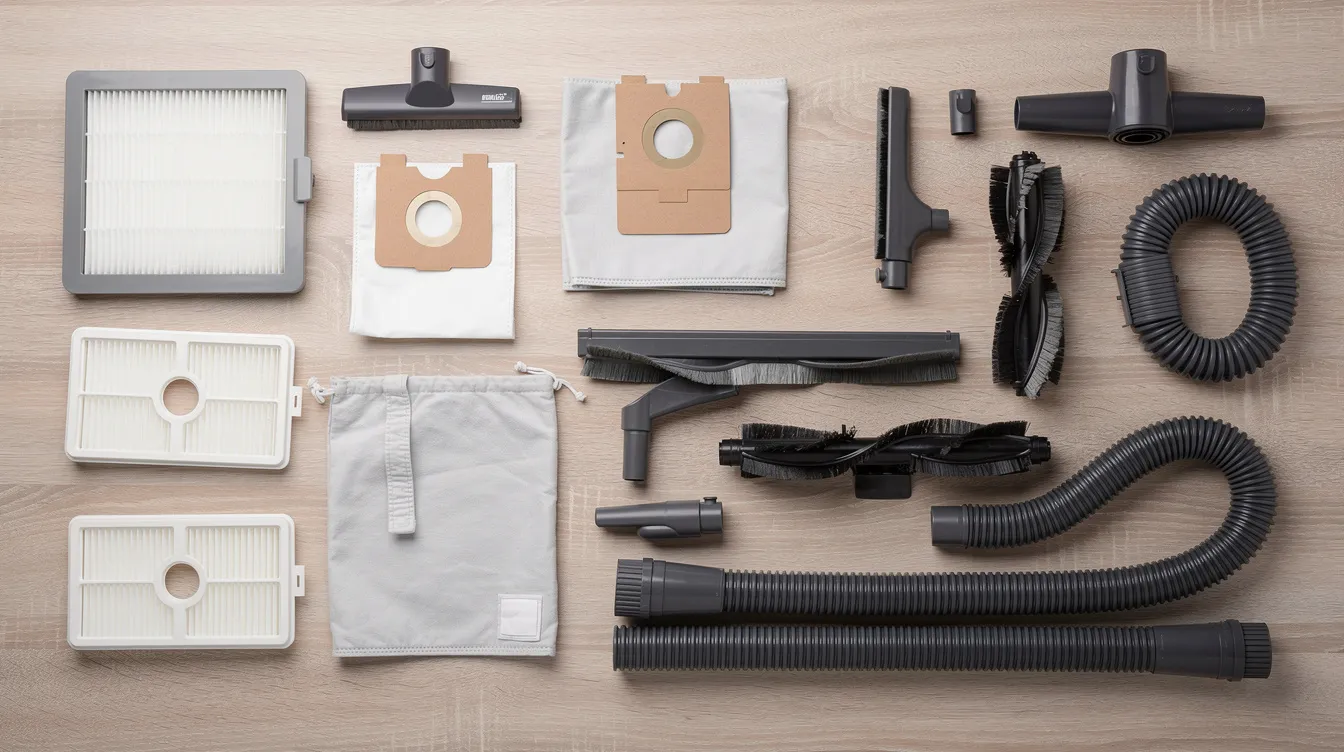 Na stole znajdują się różne części zamienne do odkurzaczy, w tym filtry, worki, szczotki i węże, które zapewniają komfort sprzątania i umożliwiają naprawy urządzenia. Te akcesoria są dostępne w wysokiej jakości, co zapewnia ich kompatybilność z różnymi modelami odkurzaczy.