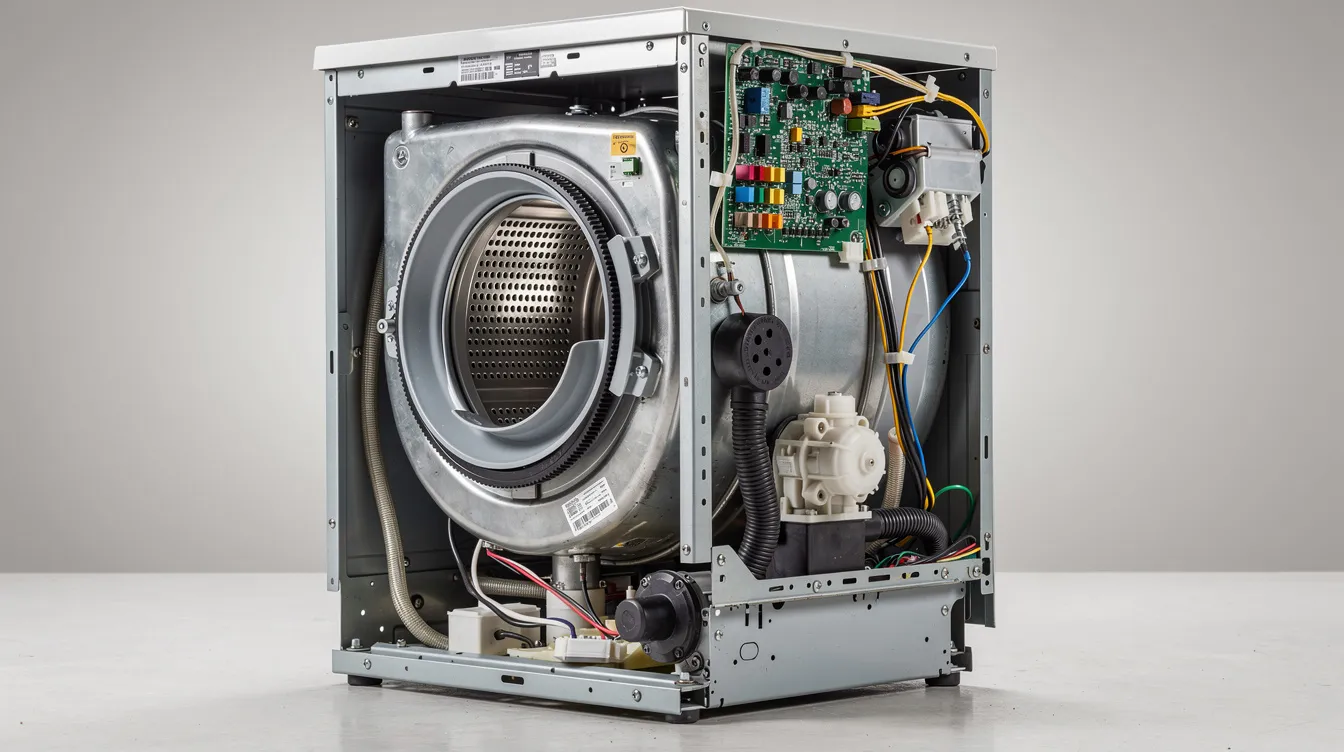 Na zdjęciu widoczna jest otwarta pralka, w której można zobaczyć wewnętrzne komponenty i podzespoły, co ułatwia zrozumienie jej budowy oraz funkcjonalności. Pralka ta może być interesującym przykładem dla osób poszukujących części zamiennych lub akcesoriów do naprawy sprzętu AGD.