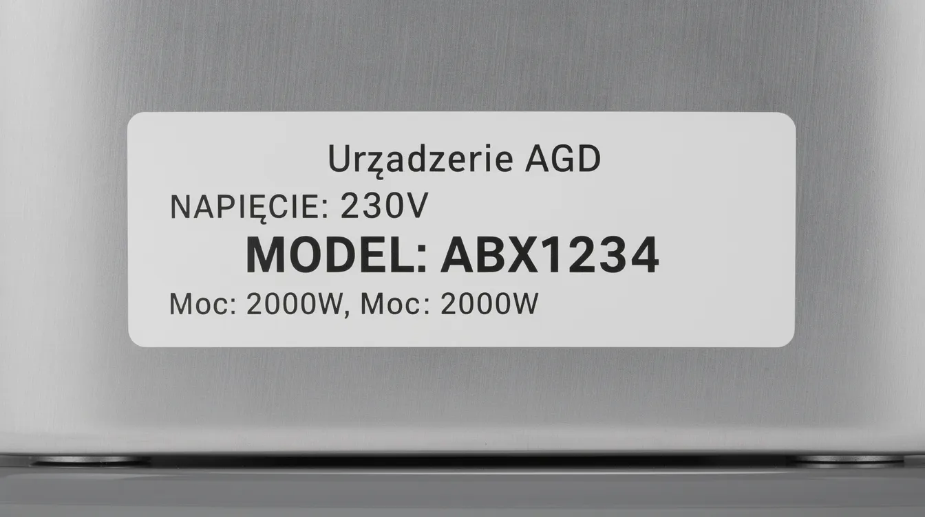 Na zdjęciu znajduje się tabliczka znamionowa urządzenia AGD, na której wyraźnie widoczny jest numer modelu. Informacje te są kluczowe dla użytkowników w celu szybszego znalezienia oryginalnych części zamiennych, takich jak części do pralek Beko.