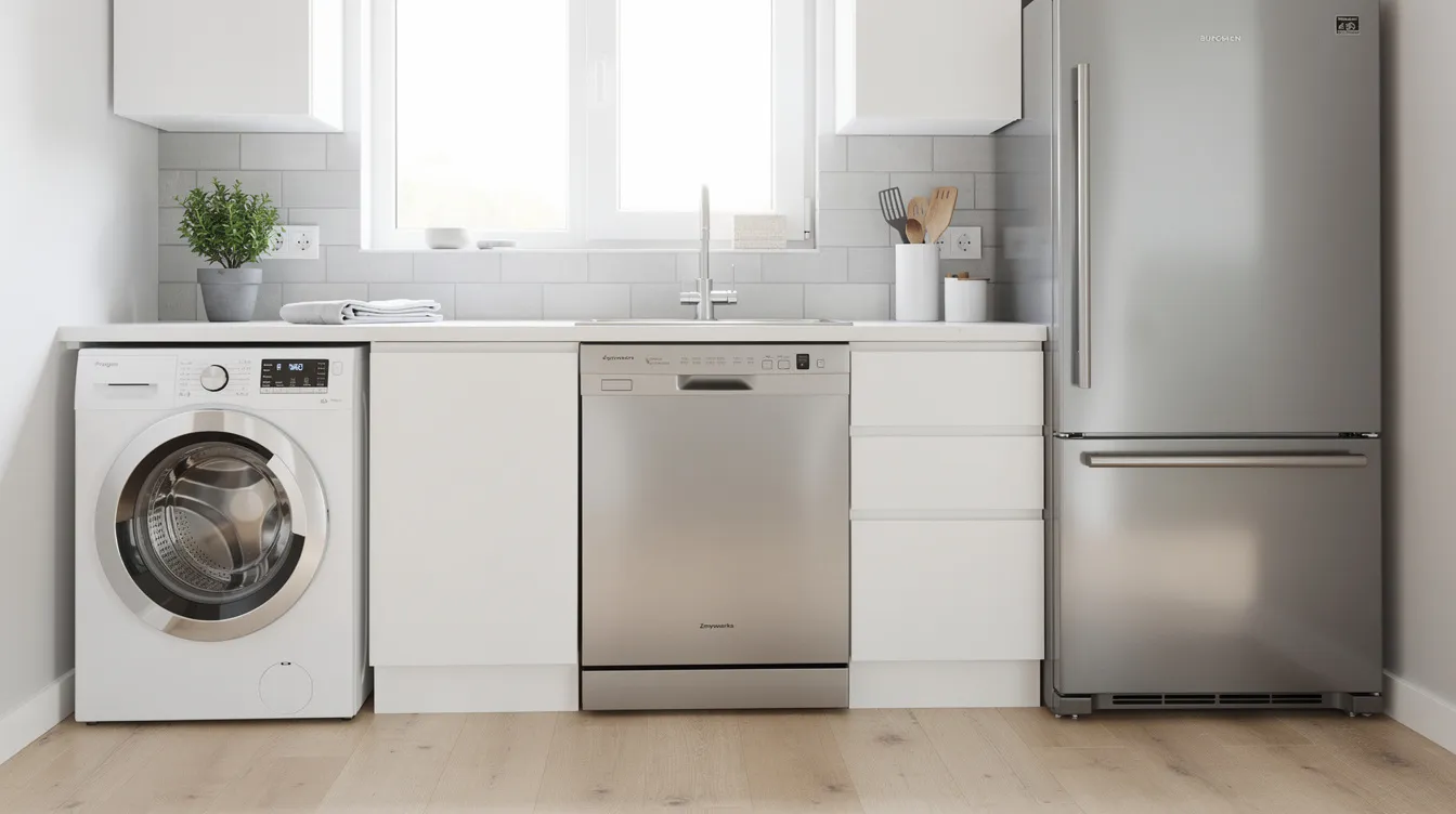 Na obrazie widać nowoczesną kuchnię, w której znajdują się różne urządzenia AGD, takie jak pralka, zmywarka i lodówka. Te sprzęty, reprezentujące popularne marki, są ustawione w estetyczny sposób, co podkreśla ich funkcjonalność i nowoczesny design.