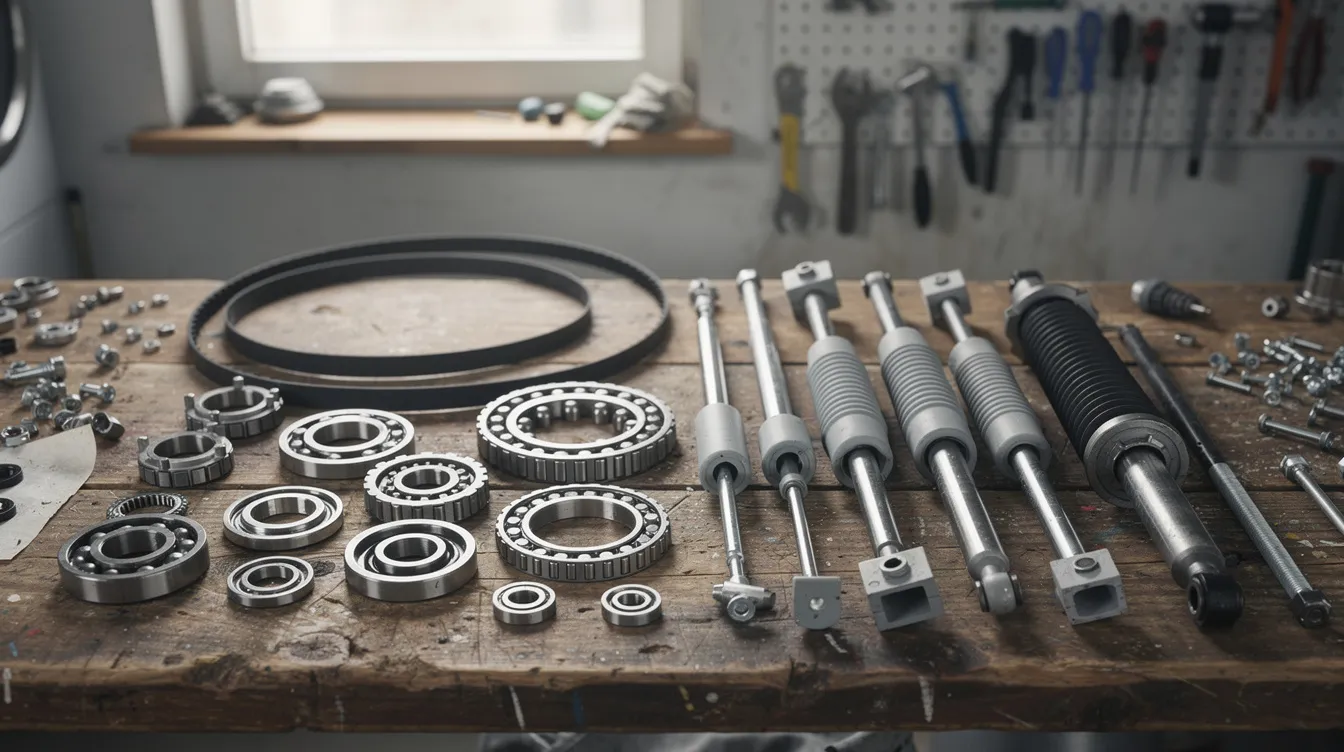 Na stole warsztatowym znajdują się rozłożone części mechaniczne pralki, takie jak łożyska, paski napędowe i amortyzatory, które są niezbędnymi komponentami do utrzymania funkcjonalności urządzenia AGD. Te elementy mogą być częścią bogatego asortymentu oferowanego przez hurtownie części AGD, zapewniając fachowe doradztwo w zakresie napraw.