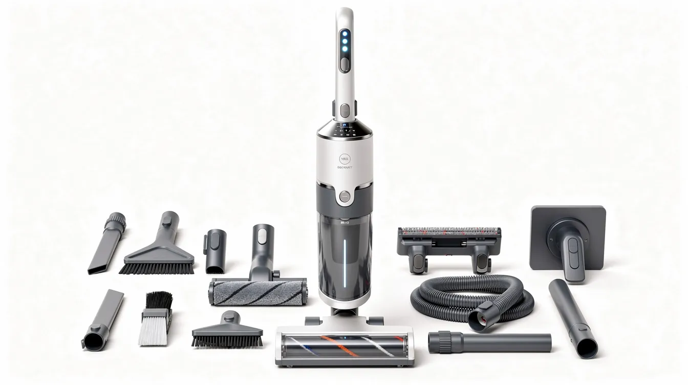 Na obrazie widoczny jest bezprzewodowy odkurzacz pionowy, który jest wyposażony w zestaw akcesoriów i końcówek, zapewniających komfort sprzątania. Odkurzacz jest nowoczesny, a jego akcesoria, takie jak szczotki i ssawki, są dostępne w sklepie jako części zamienne do odkurzaczy.