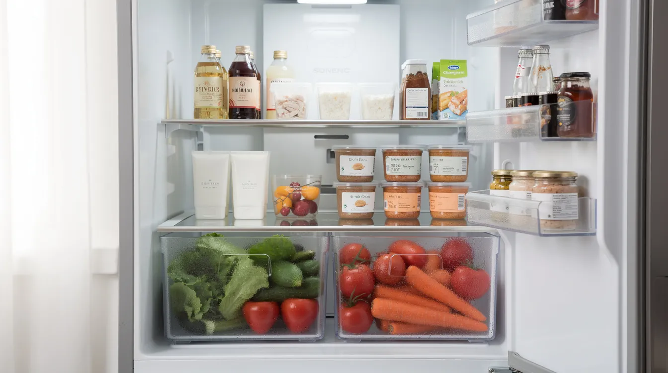 Wnętrze lodówki z szufladami na warzywa i półkami, wypełnione świeżą żywnością. To idealne miejsce do przechowywania produktów, które zapewniają długotrwałą świeżość i są kluczowe dla zachowania jakości żywności.