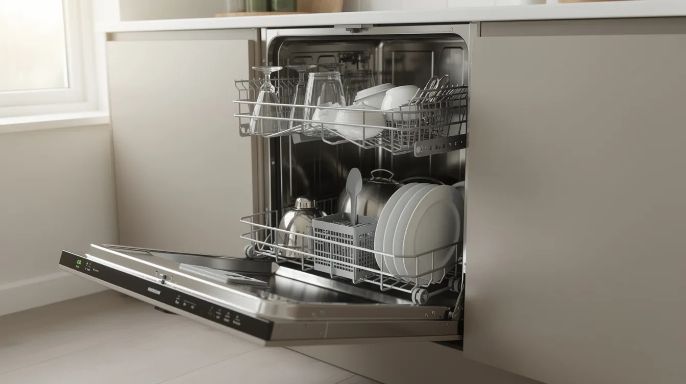 Na zdjęciu znajduje się otwarta zmywarka domowa, w której widoczne są kosze na naczynia oraz wnętrze komory. Zmywarka jest gotowa do załadunku, co ułatwia proces mycia naczyń i sprawia, że urządzenie działa sprawnie.