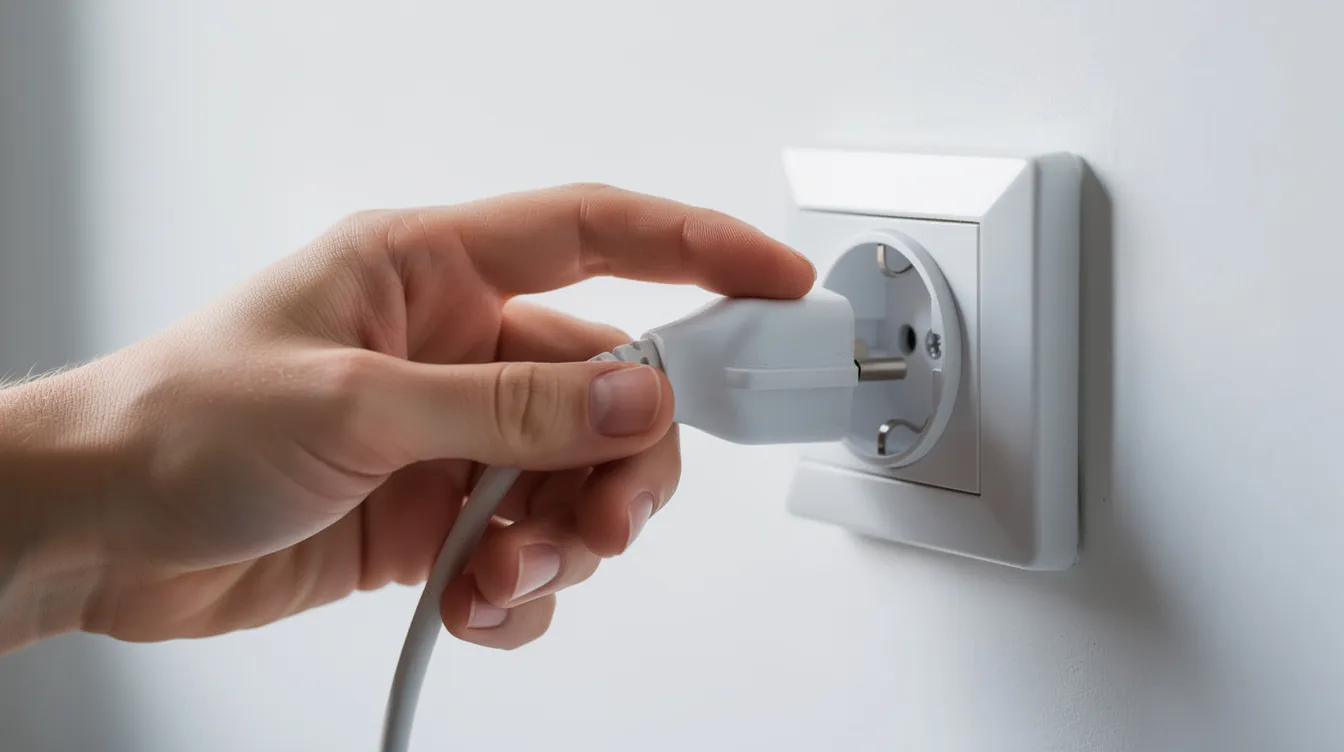 Na obrazku widoczna jest ręka odłączająca wtyczkę elektrycznego urządzenia z gniazdka, co może symbolizować proces wyłączania sprzętu AGD przed jego naprawą lub konserwacją. W kontekście hurtowni części AGD, taka czynność jest istotna dla zapewnienia bezpieczeństwa podczas wymiany komponentów.