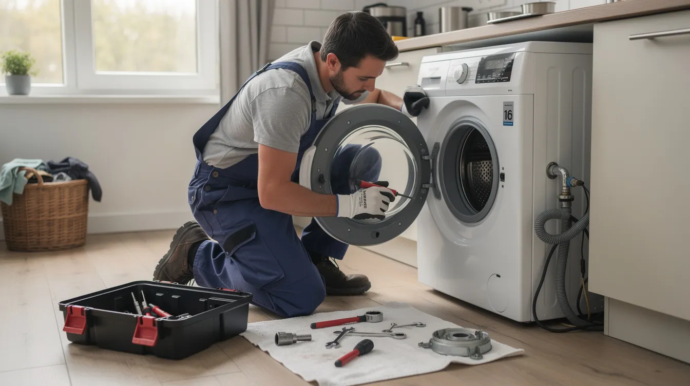 Na zdjęciu widoczna jest osoba naprawiająca pralkę w domowym otoczeniu, używająca różnych narzędzi. W tle można dostrzec akcesoria i części zamienne, które mogą być niezbędne do naprawy sprzętu AGD.
