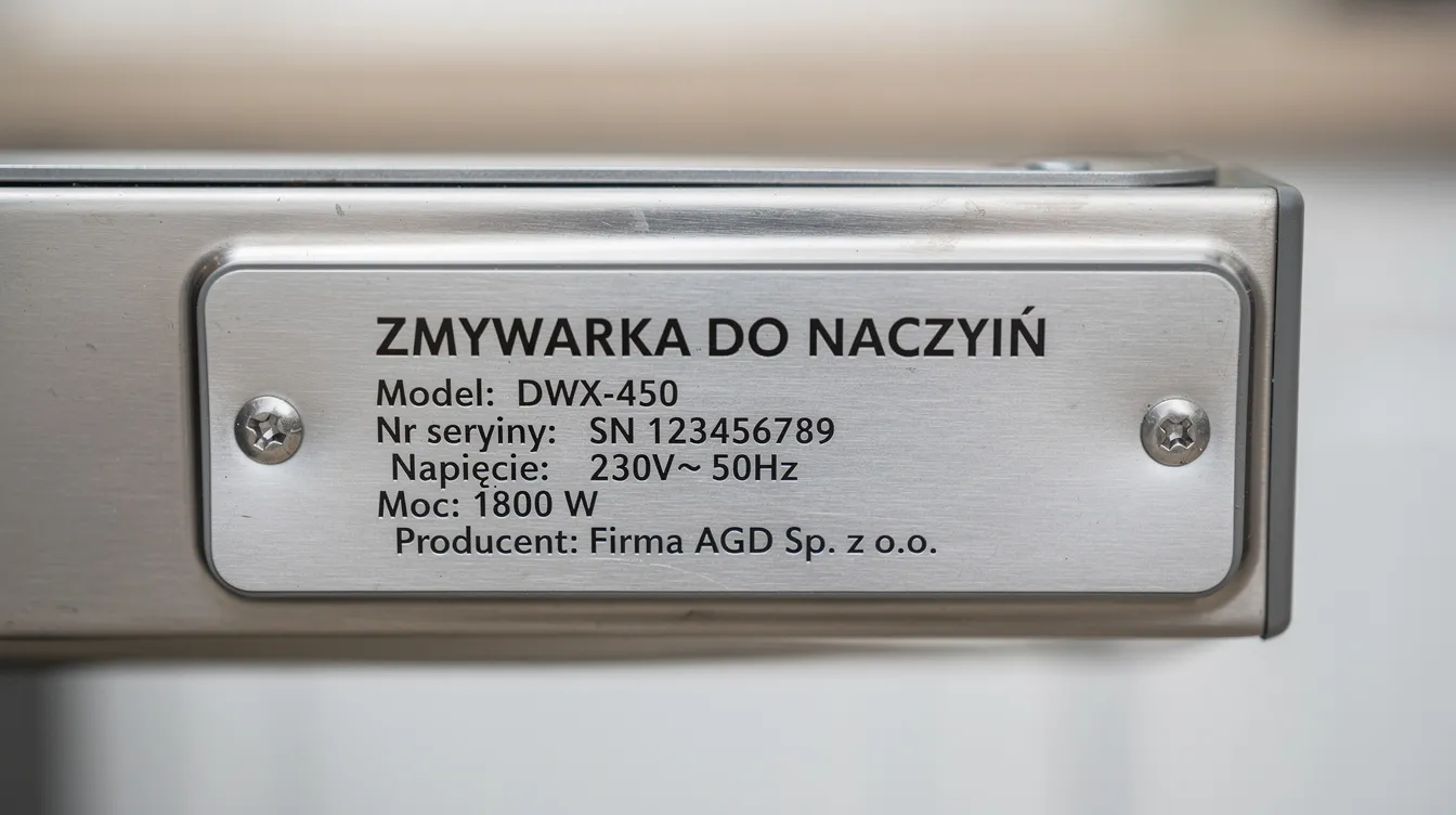 Na zdjęciu znajduje się zbliżenie na tabliczkę znamionową umieszczoną na krawędzi drzwi zmywarki, zawierającą istotne informacje dotyczące modelu urządzenia oraz producenta, co ułatwia dobór odpowiednich części zamiennych i akcesoriów do zmywarek. Tabliczka ta jest kluczowa dla zapewnienia, że zmywarka działała sprawnie i bezproblemowo.