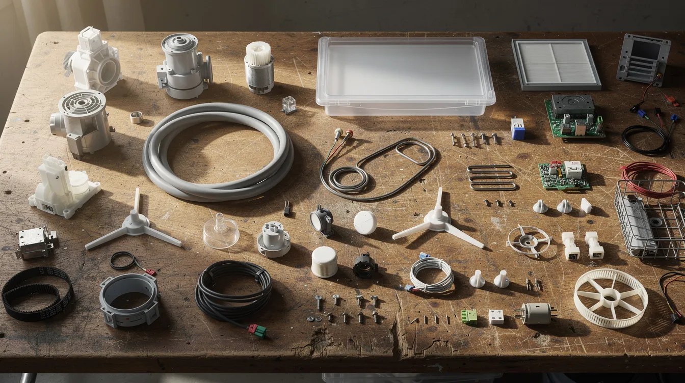 Na stole warsztatowym znajdują się różnorodne części zamienne do urządzeń AGD, w tym filtry, uszczelki i grzałki, które są niezbędne do naprawy sprzętu takich jak pralki, lodówki czy zmywarki. Oferujemy szeroki wybór komponentów wysokiej jakości, idealnych do popularnych marek, takich jak Bosch, Electrolux czy Siemens.