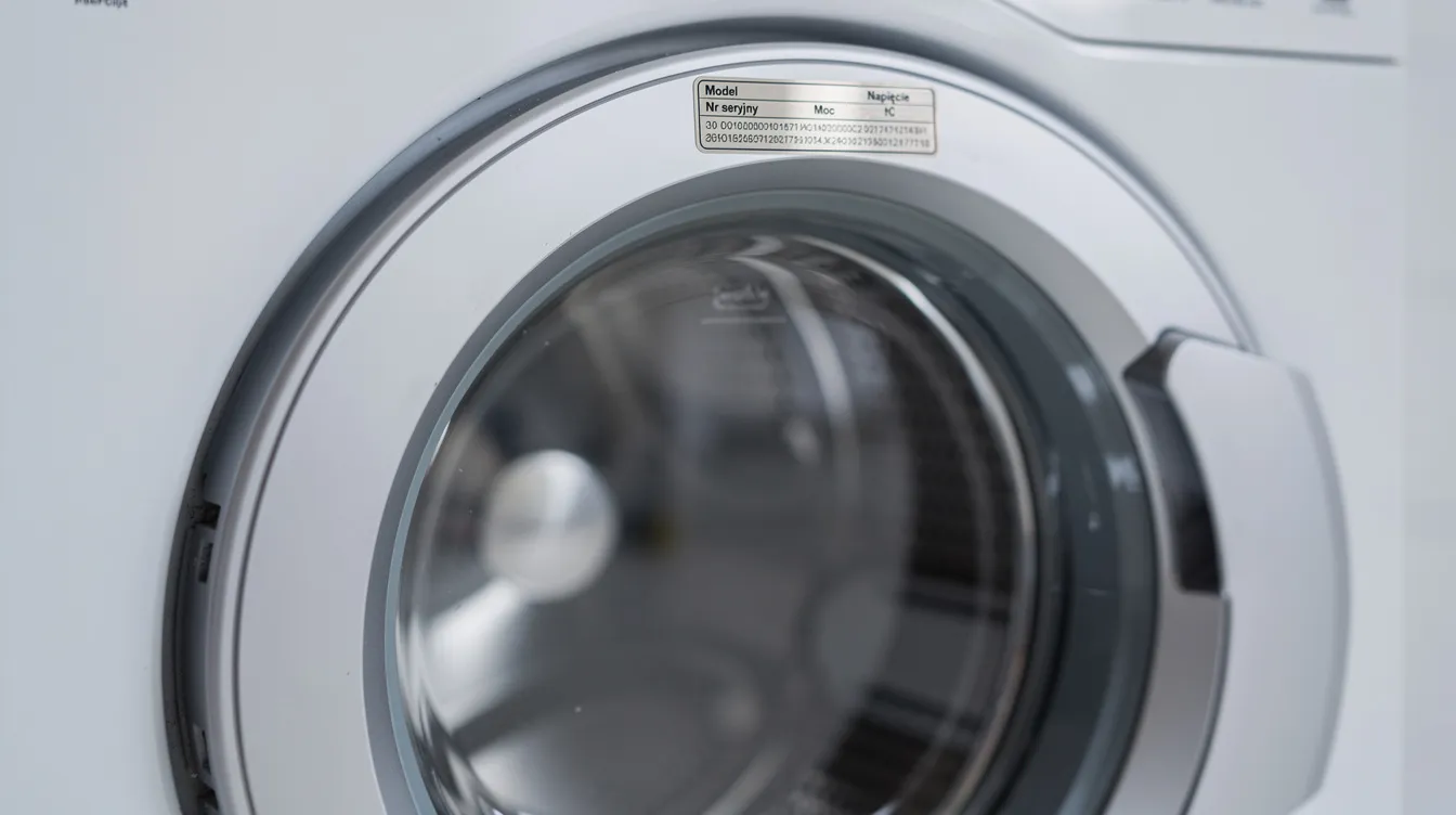 Na zdjęciu widoczne są otwarte drzwi pralki, a w ich wnętrzu znajduje się tabliczka znamionowa z informacjami o urządzeniu. Można na niej znaleźć ważne dane, które pomogą w znalezieniu odpowiednich części zamiennych na naszej stronie internetowej.