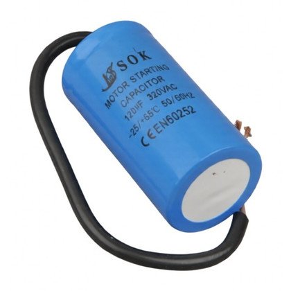 Kondensator rozruchowy do urządzeń AGD Domax 120 µF 320 V z przewodami 27019